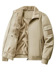 Eisctnd men's winter sherpa-lined bomber jacket beige sherpa closeup shows plush interior comfort.
