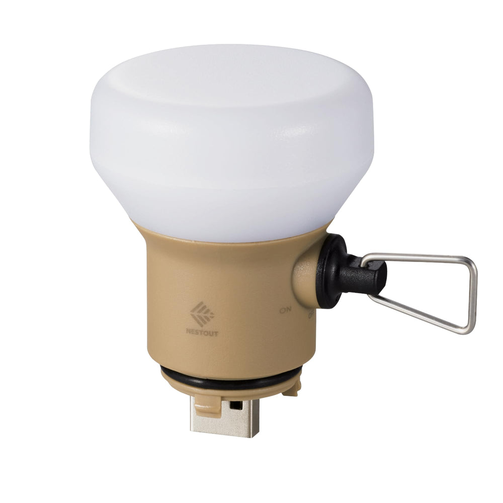 ELECOM NESTOUT LAMP-1 beige with mini tripod enables hands-free lighting during camping setup.