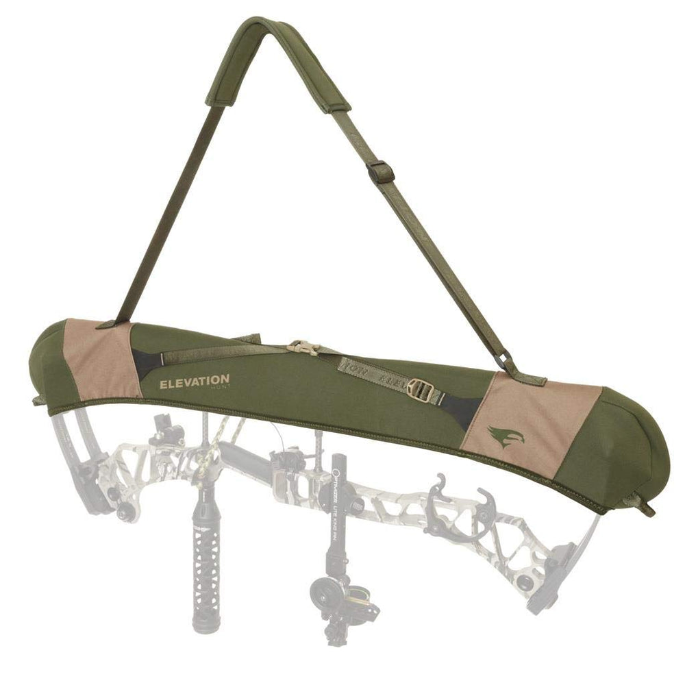 Elevation Hunt Quick Release Bow Sling Olive/TAN, on-bow-view, easy access and secure carry.
