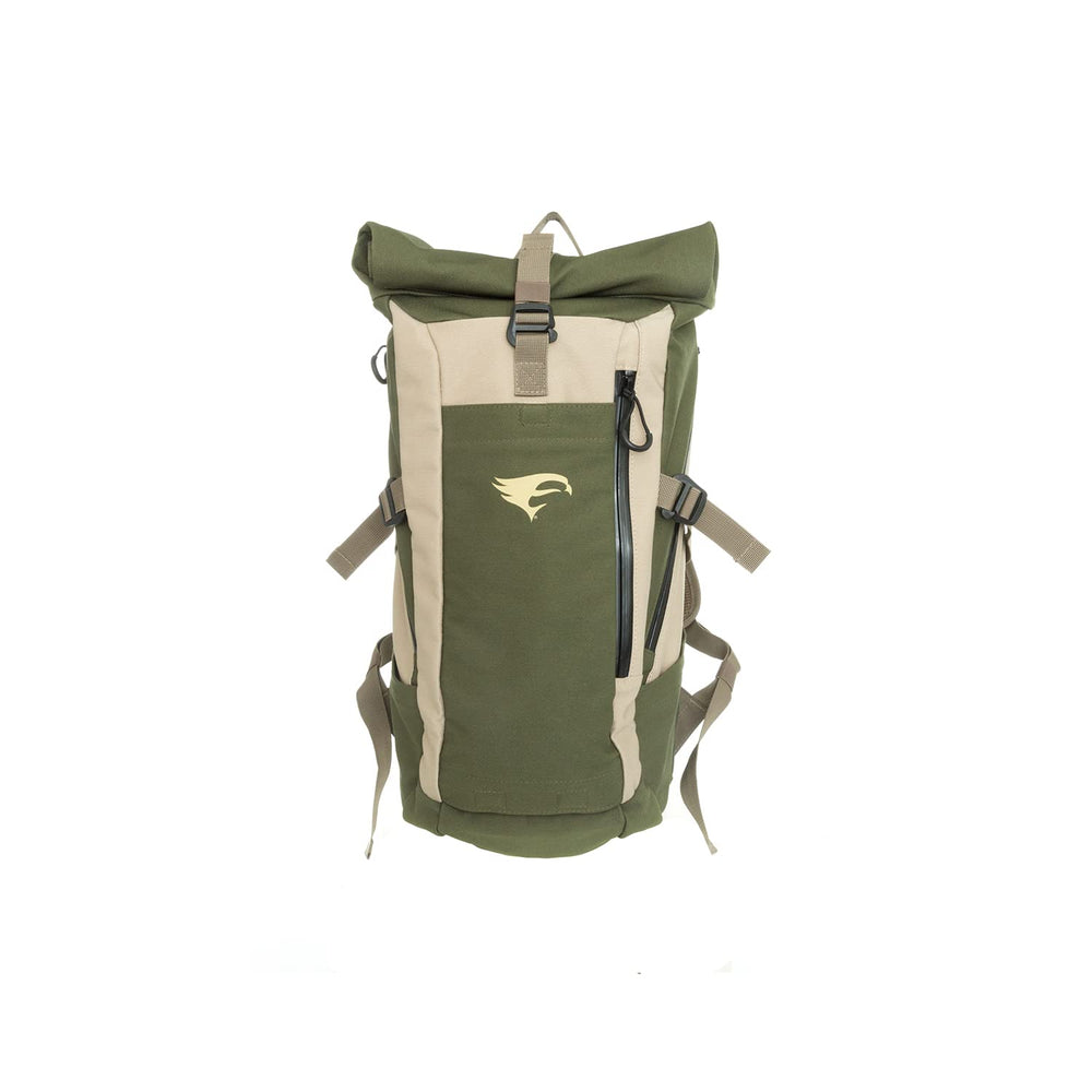 Elevation Suppression Silent Pack front view in olive and tan showing stealth silhouette