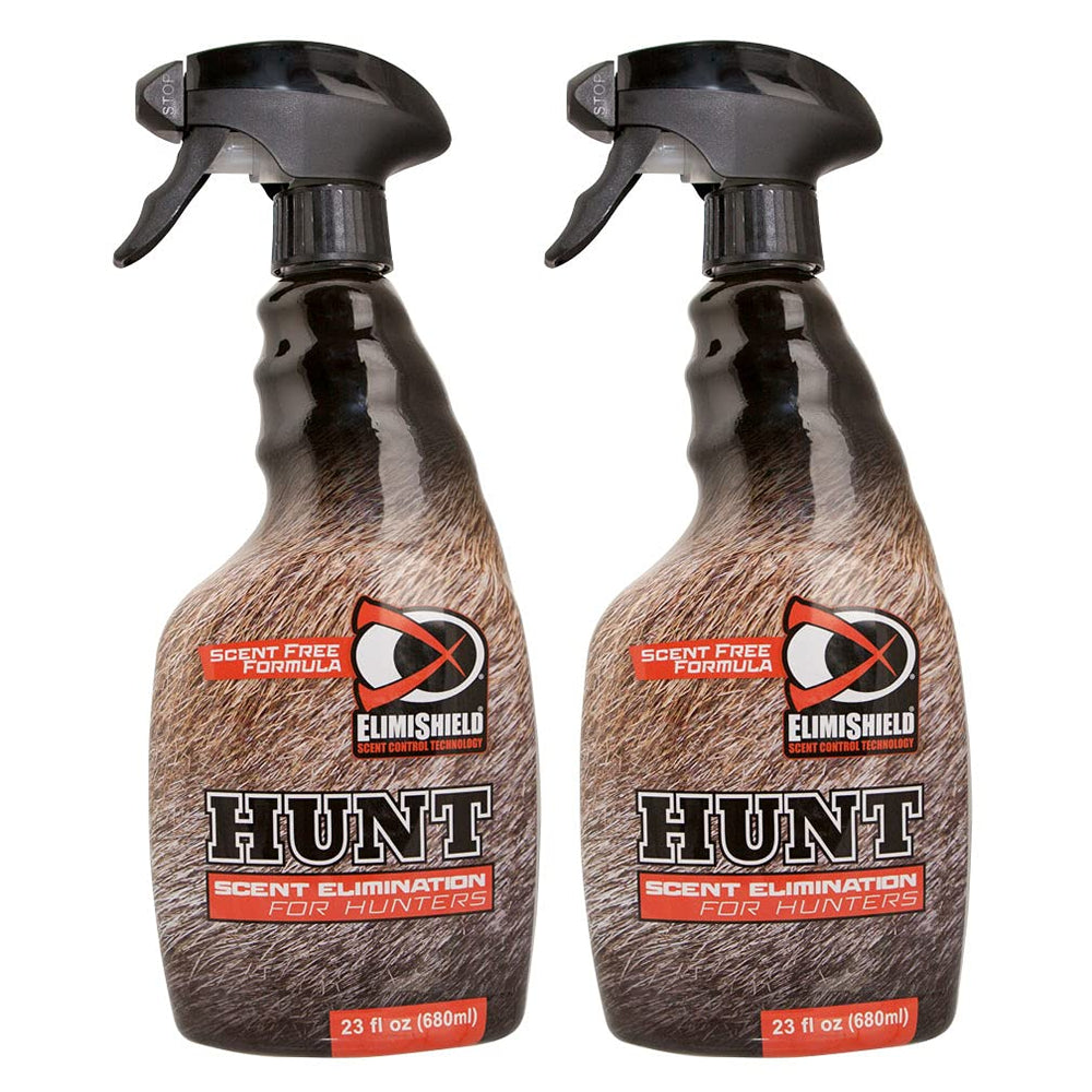 ElimiShield HUNT field spray 23oz bottle for quick odor neutralization on hunting gear.