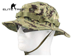 Elite Tribe Tactical Boonie Hat AOR2 side view; versatile headwear for hiking and fishing.