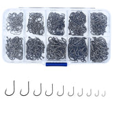 ELLYCIO 500pcs small fishing hooks in a clear storage box showing 10 sizes