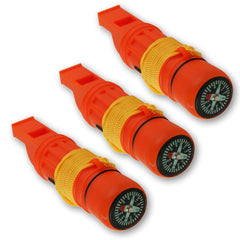 Emergency Zone 5-in-1 survival whistle with compass for navigation aid.