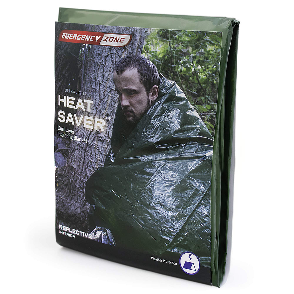 Emergency Zone HeatSaver blanket inflates for rapid warmth during emergencies.