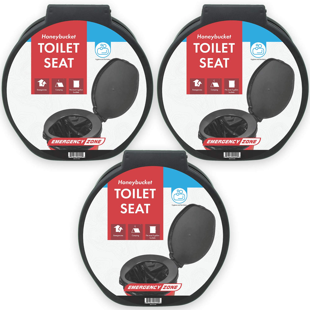 Emergency Zone honey bucket seat attached to a pail for secure portable bathroom setup.
