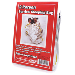 Emergency Zone two-person reflective sleeping bag with heat-retaining interior for warmth.