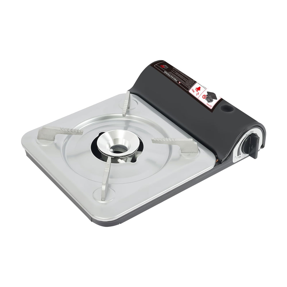 Emmliy butane stove with silver-black exterior, ready for quick outdoor meals.