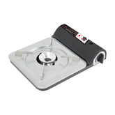 Emmliy butane stove with silver-black exterior, ready for quick outdoor meals.