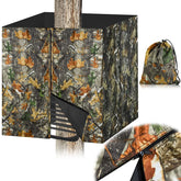 Emsiok four-sided hunting tree stand blind camouflage for forest concealment.