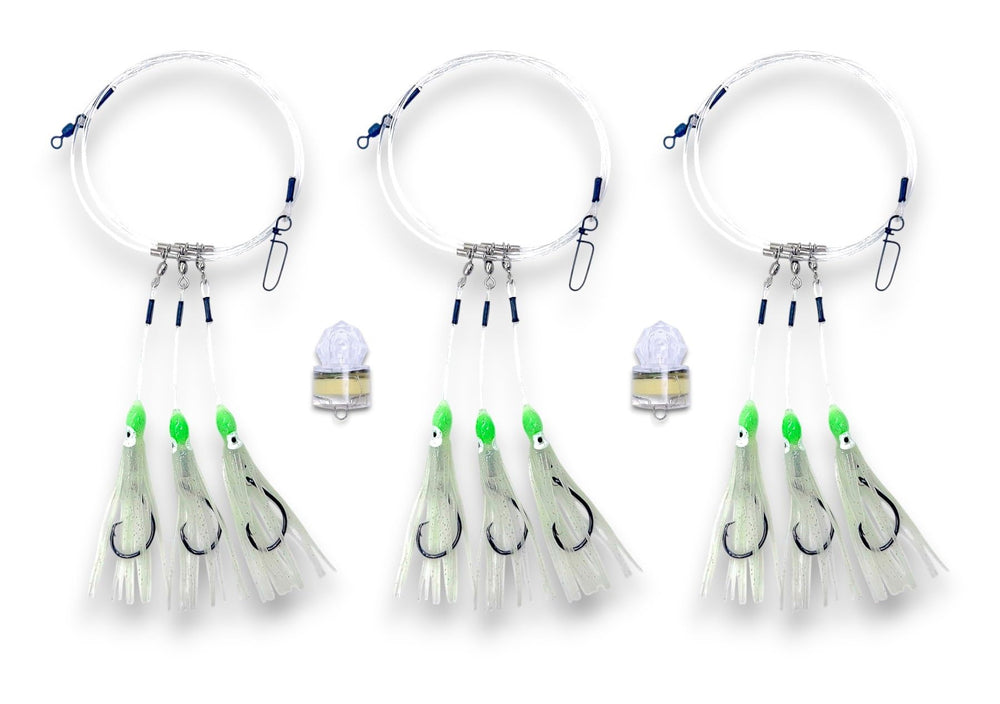 Tilefish rig 3-pack with 8/0 hooks and glow-in-the-dark squid