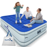 EnerPlex King Air Mattress with built-in pump showing quick inflation for camping and travel.
