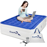 EnerPlex Twin Air Mattress blue inflated, ready for guests or camping, with comfortable double height.