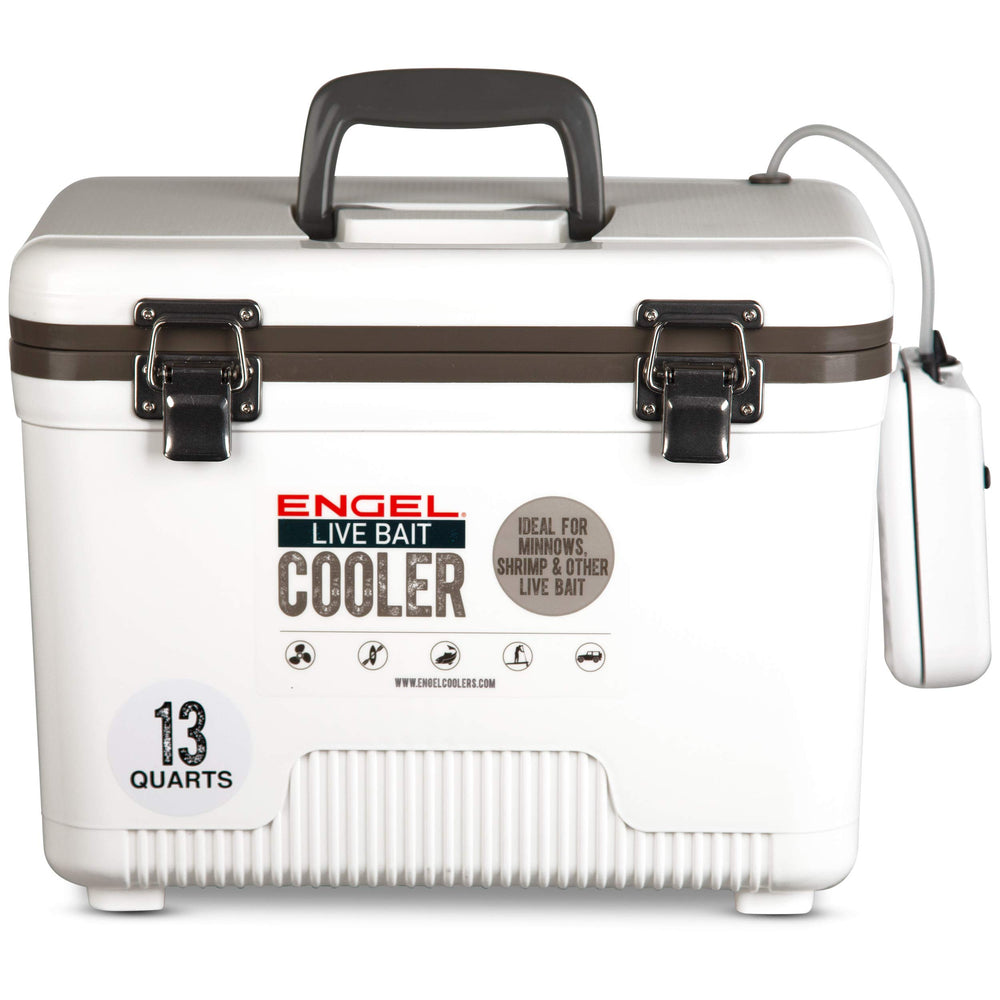 ENGEL 13qt live bait cooler with insulated lid and pull net for easy bait access.