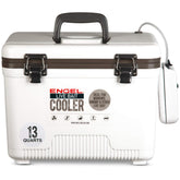ENGEL 13qt live bait cooler with insulated lid and pull net for easy bait access.