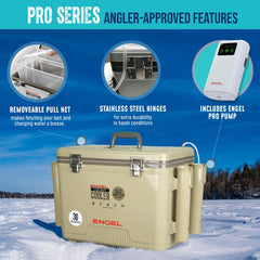 ENGEL 13 Qt bait cooler tan side view highlighting portable livewell design