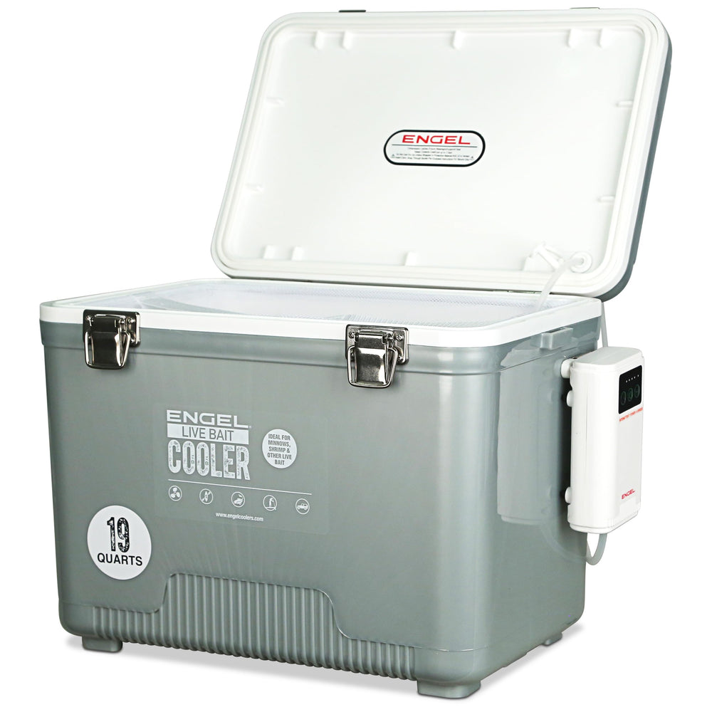 ENGEL 19Qt bait cooler pro aerator keeps live bait fresh with rechargeable power for long trips.