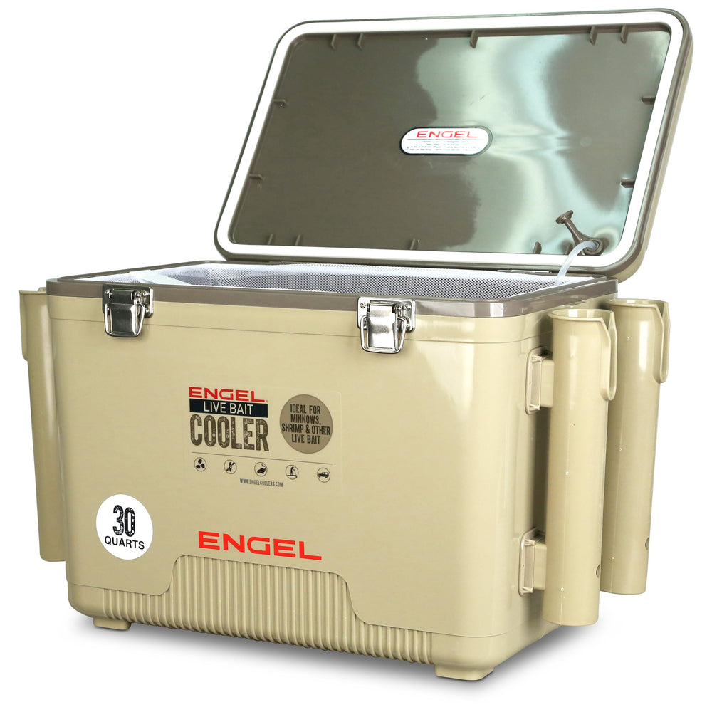ENGEL 30Qt bait cooler with aerator shows a portable setup for live bait on trips