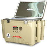 ENGEL 30Qt bait cooler with aerator shows a portable setup for live bait on trips