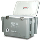 ENGEL 30QT live bait pro front view highlighting rugged stainless hardware for long outdoor use