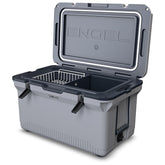 ENGEL 60QT cooler front view highlights lightweight transport for camping adventures.