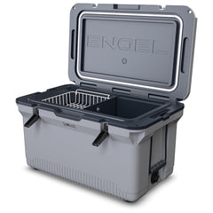 ENGEL 60QT cooler front view highlights lightweight transport for camping adventures.