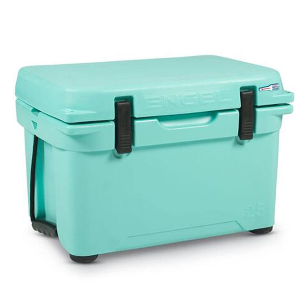 ENGEL ENG25 cooler with open lid in seafoam color, durable and capable for long-lasting ice.