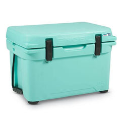 ENGEL ENG25 cooler with open lid in seafoam color, durable and capable for long-lasting ice.