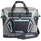 ENGEL HD30 cooler with open lid for camping accessibility.