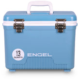 ENGEL UC13 Arctic Blue drybox with sturdy lid for secure meals on rugged trips.