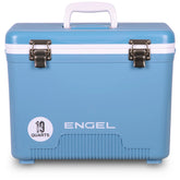 ENGEL UC19 blue drybox exterior shows rugged shell for outdoor use.