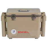 Engel UC19 drybox latch on tan cooler showing secure, leak-proof seal for rugged outdoor use.