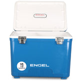 Engel UC19 Elemental Blue full view showing rugged drybox cooler for travel.