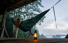 ENO DoubleNest setup between trees for quick campsite relief