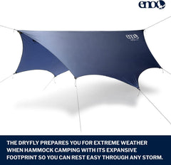 ENO DryFly Rain Tarp water-shedding beads keep gear dry under a downpour