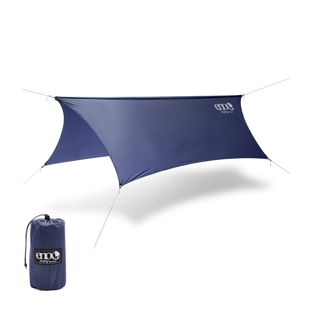 ENO ProFly rain tarp overhead setup shields campers from rain and wind.