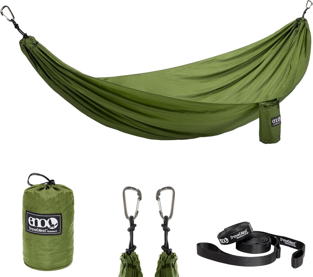 ENO TravelNest hammock setup demonstrates easy hanging for quick outdoor relaxation.
