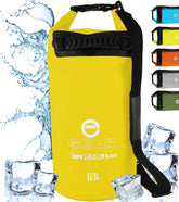 Enthusiast Gear 15L yellow tarpaulin insulated dry bag floats, keeping beverages cold on water adventures.