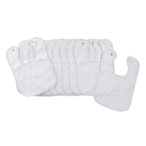 Environments Dozen White Bibs with Snaps closeup showing secure snap closures for kids.