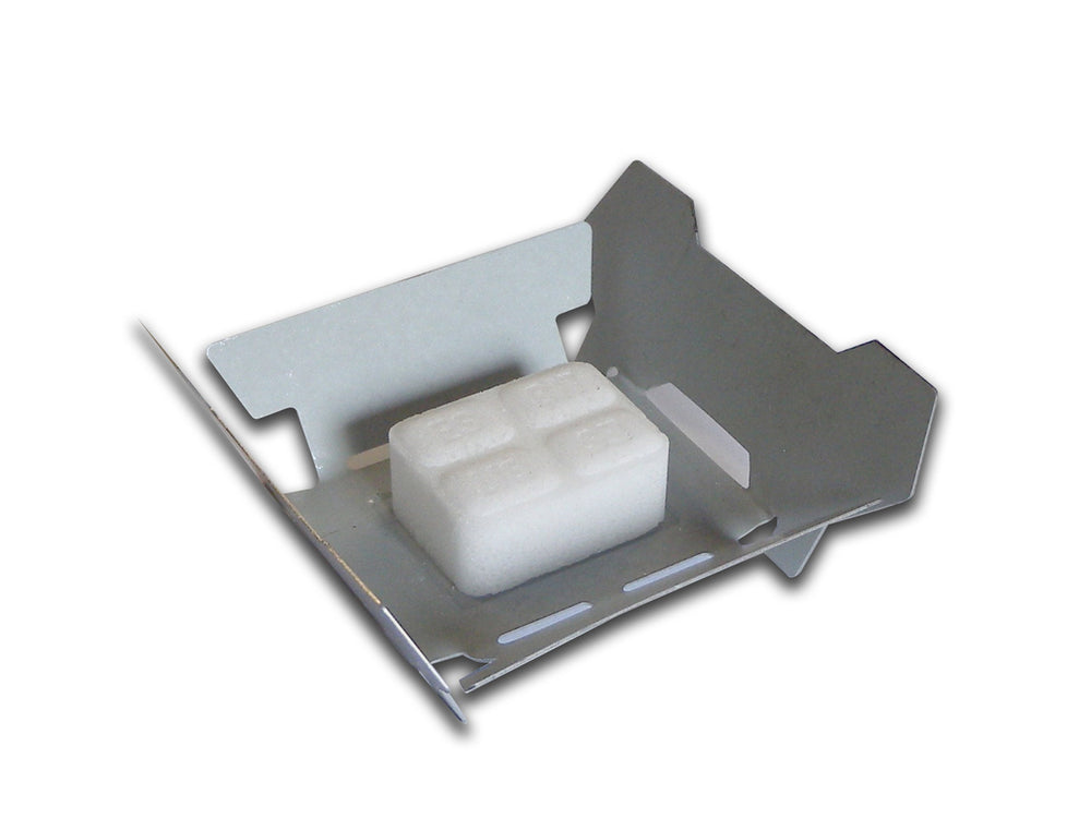 Esbit ultralight emergency stove folded for backpacking efficiency.