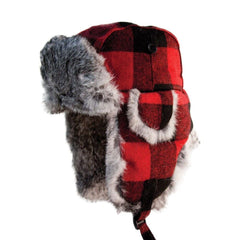 Eskimo Alaskan fur hat buffalo plaid front view for outdoor warmth