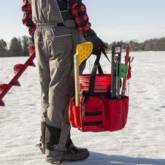 Eskimo bucket caddy large pockets keep tackle organized during long fishing sessions.