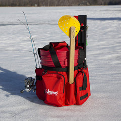 Eskimo bucket caddy rod pockets with strap stabilize gear while moving.