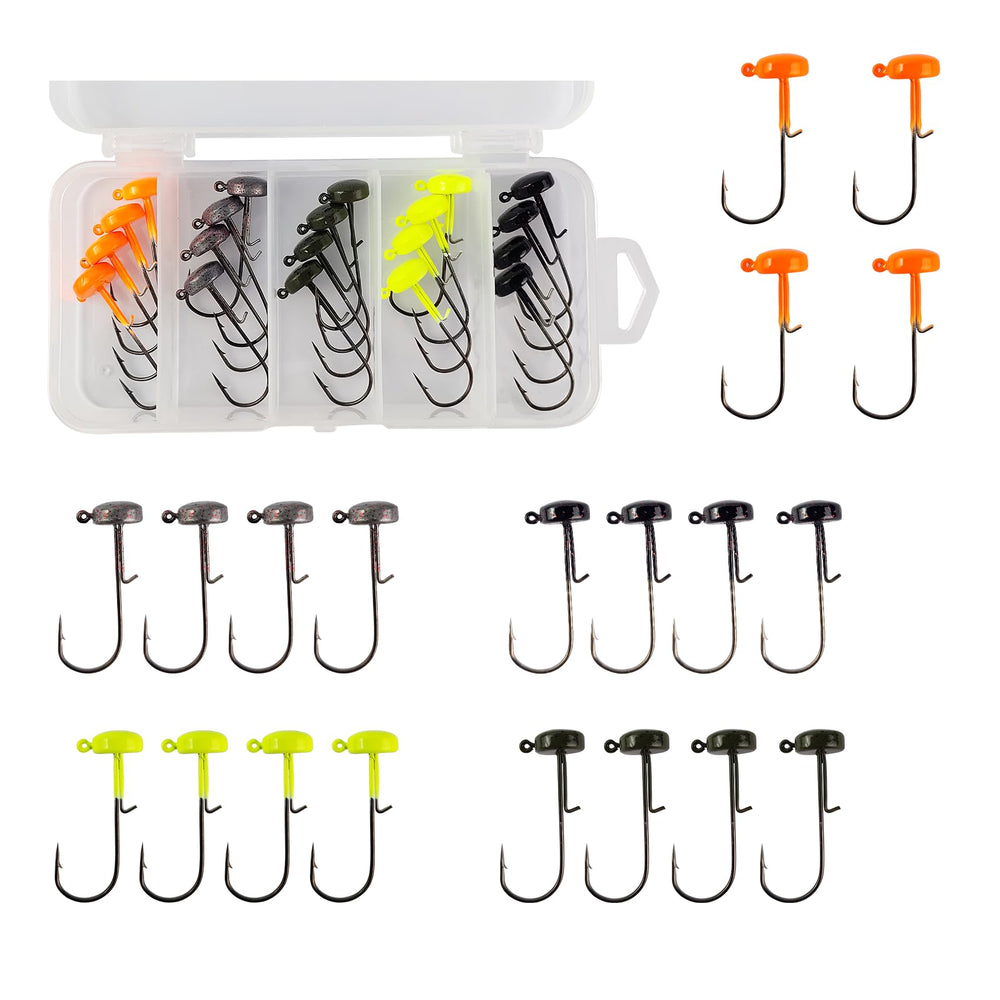 Set of 20 Eupheng Ned Rig Jig Heads in Black, Orange, Pumpkin Green, Chartreuse, and Natural with Red Dots.