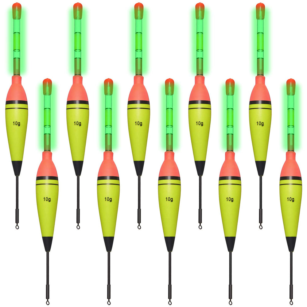 Ten EVA foam fishing floats laid out for display