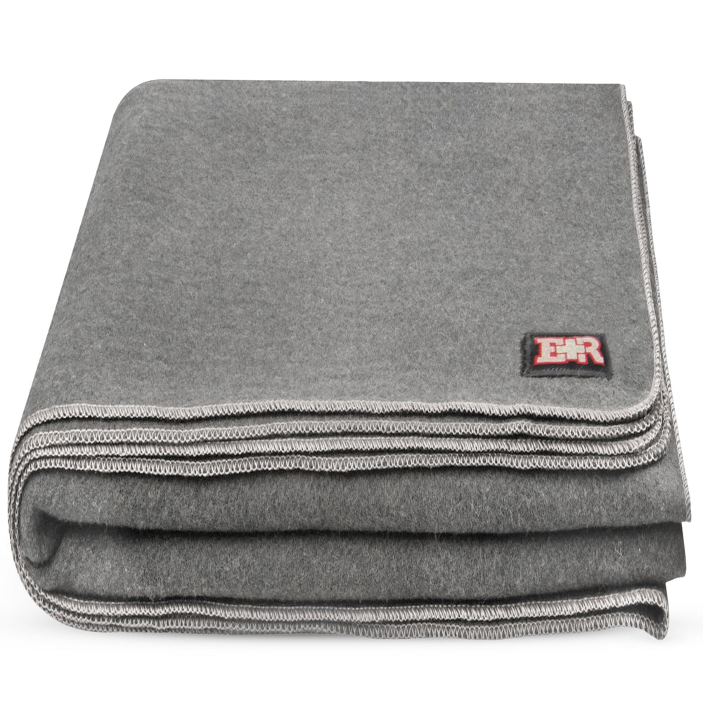 Ever Ready First Aid military wool blanket, flat lay in grey, showcasing durable soft wool