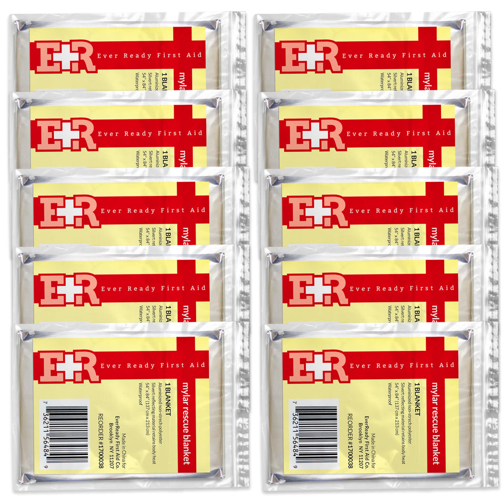 Ever Ready First Aid Mylar rescue blanket 54x84 cover showcases full-body warmth in emergencies.