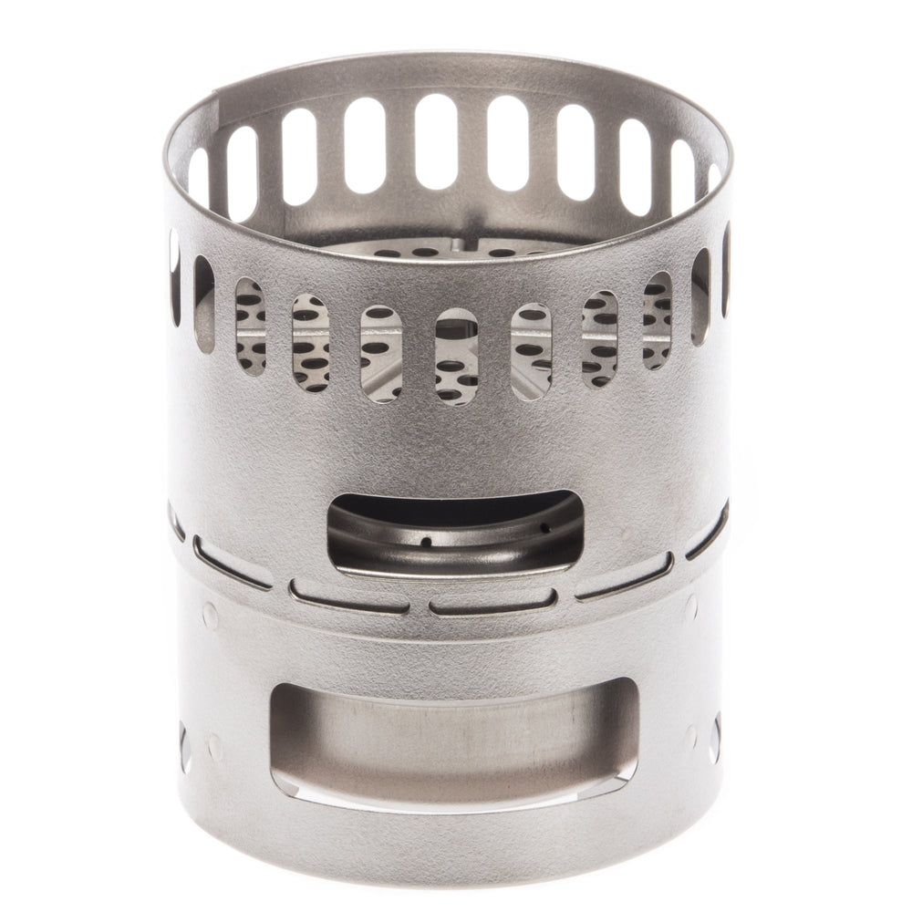 Evernew TI Stove DX Set front view showing compact portable design for outdoor cooking.