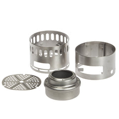 Evernew TI Stove DX Set wind screen engaged for stable flame in breezy conditions.