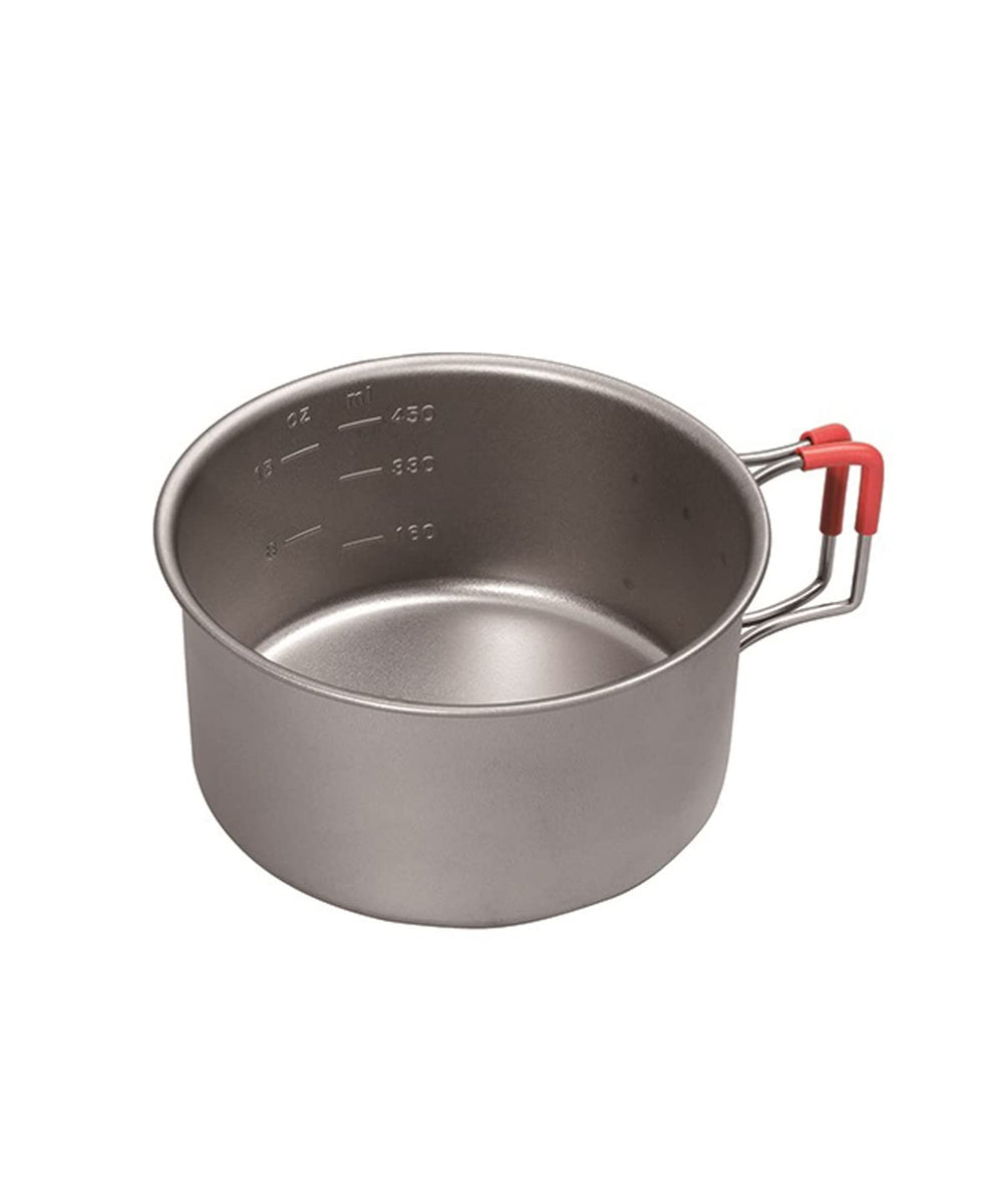 Evernew titanium camping cup with folding handle, ideal for compact, space-saving cooking and hydration on trails.